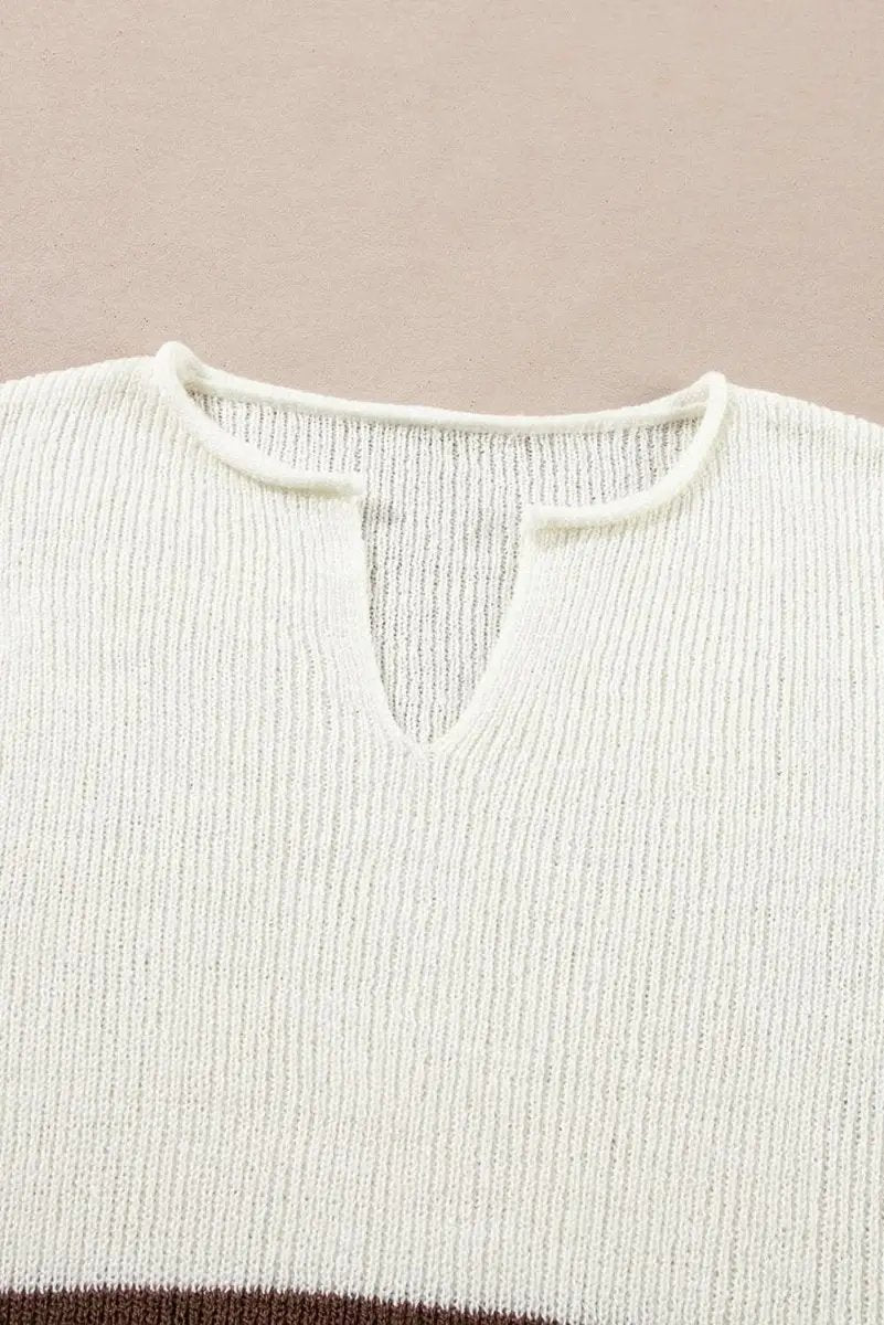 Brown Striped Accent Notched V Neck Cropped Sweater T Shirt - Love Salve